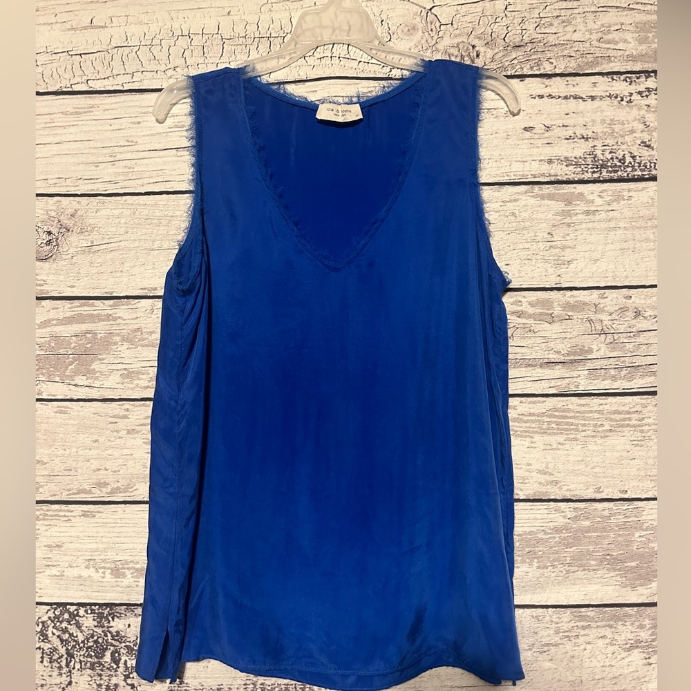 Lola & Sophie Silk Tank Top Blue Sleeveless V Neck Fringe Trim Blouse Medium